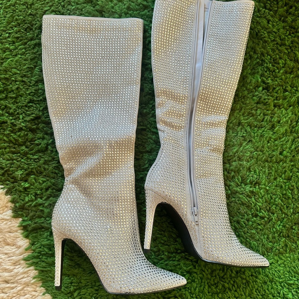 NWT Silver Rhinestone Knee High Boots